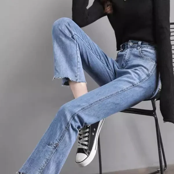 Blue Denim Button Jeans for Women - Straight Fit Full-Length Pant