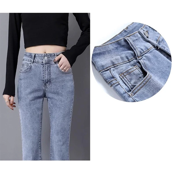 Blue Denim High Waist Button-Up Straight Fit Women's Ripped Jeans