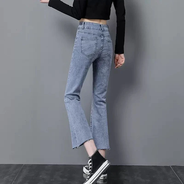 Blue Denim High Waist Button-Up Straight Fit Women's Ripped Jeans