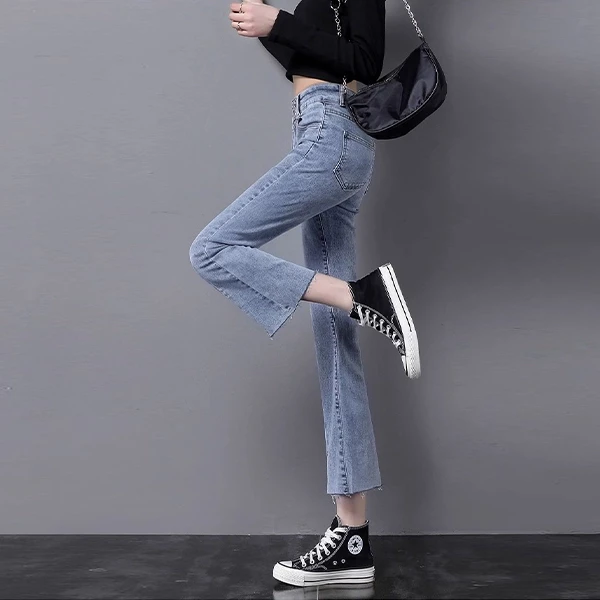 Blue Denim High Waist Button-Up Straight Fit Women's Ripped Jeans