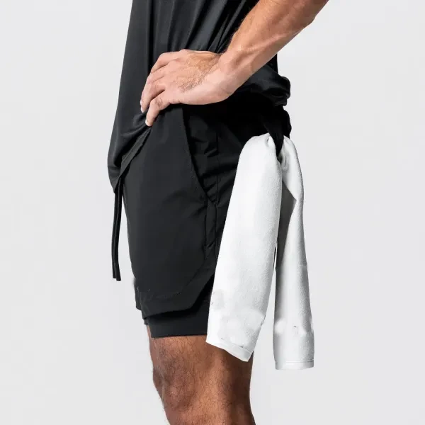 Men Quick Drying Breathable Fitness Black Running Shorts Pockets Double Layer Ny