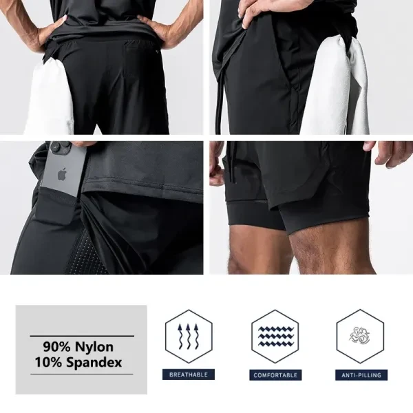 Men Quick Drying Breathable Fitness Black Running Shorts Pockets Double Layer Ny