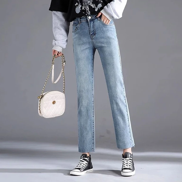 High waist straight jeans, women's summer new style slim all-match elastic pants