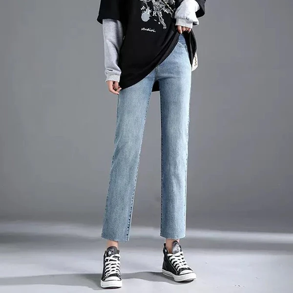 High waist straight jeans, women's summer new style slim all-match elastic pants
