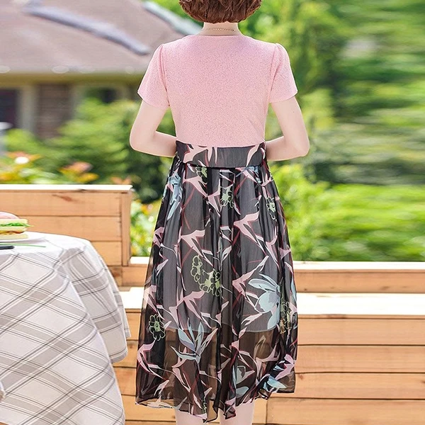 V Neck Short Sleeves Floral Print High Waist Strap Closure Skirt Design Midi Dre