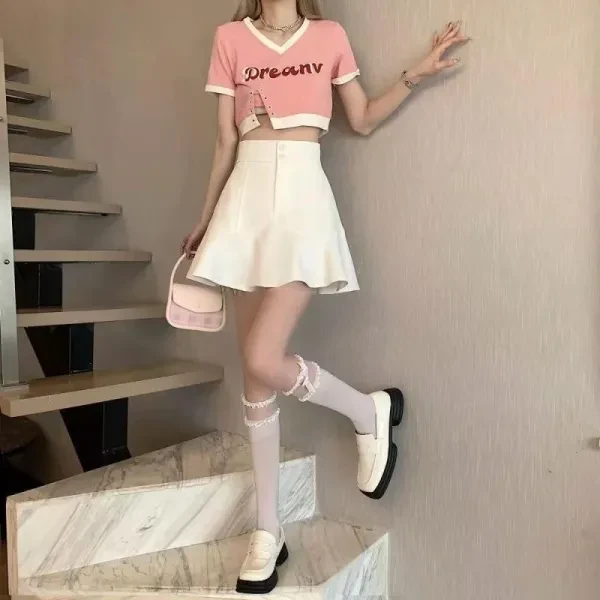 White Retro Flared A-Line Button Closure Short Skirt for Women