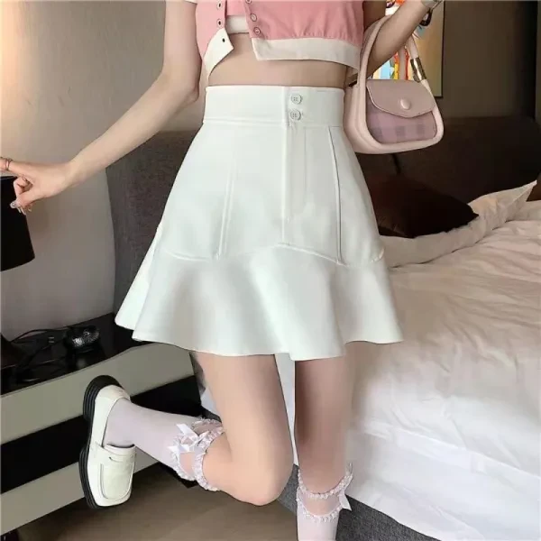 White Retro Flared A-Line Button Closure Short Skirt for Women