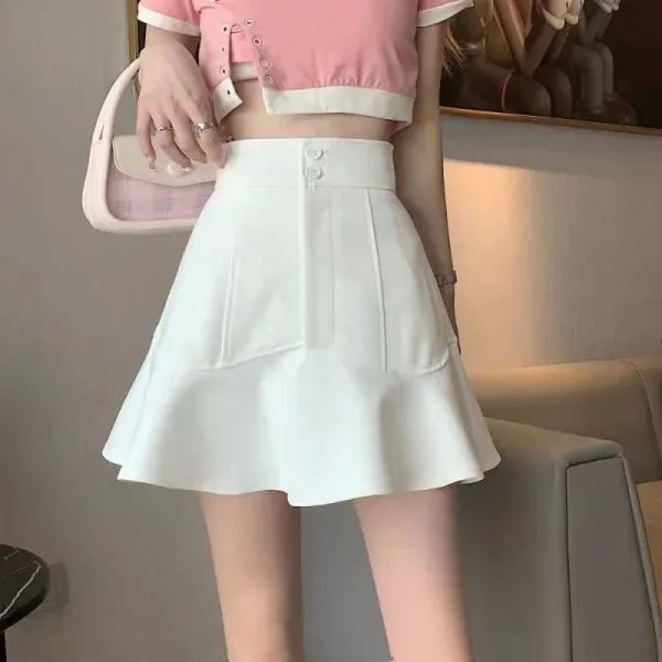 White Retro Flared A-Line Button Closure Short Skirt for Women