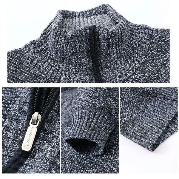 Zip-Up Ribbed Pattern Stand Collar Full Sleeves Men Side Pockets Warm Knitted Ca