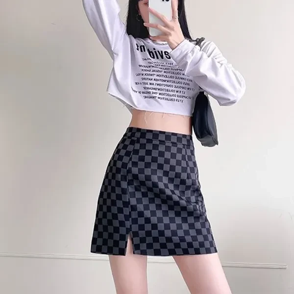 Black Checkered Print Split Hem Zipper Skirt