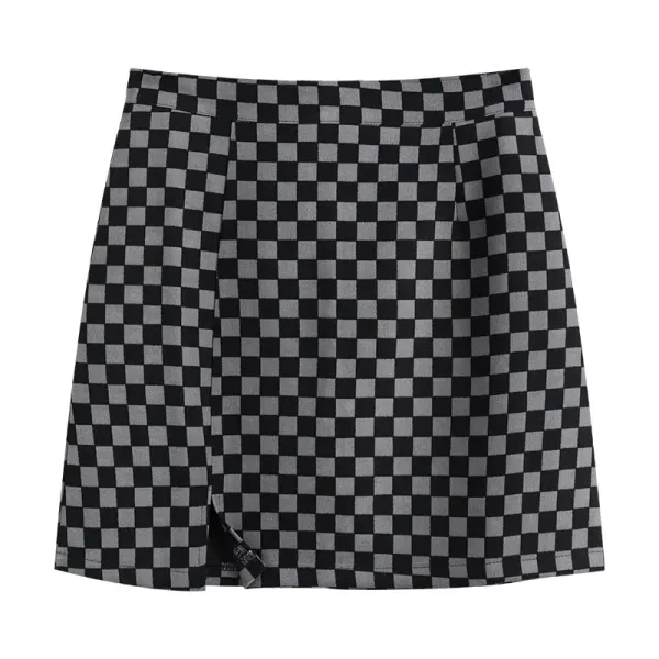 Black Checkered Print Split Hem Zipper Skirt