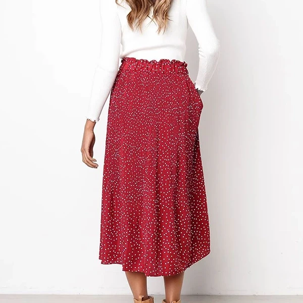 Elegant Red Polka Dot Pleated A-Line Midi Skirt