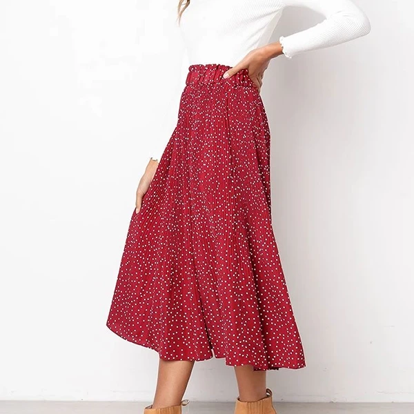 Elegant Red Polka Dot Pleated A-Line Midi Skirt