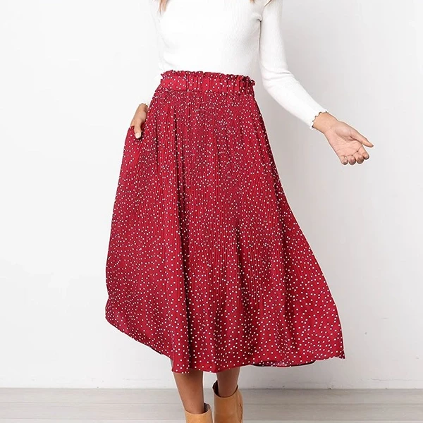 Elegant Red Polka Dot Pleated A-Line Midi Skirt