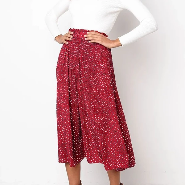 Elegant Red Polka Dot Pleated A-Line Midi Skirt