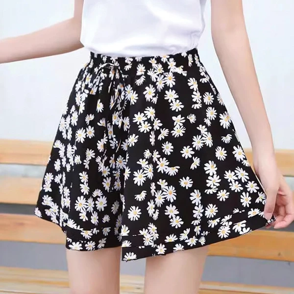 Black Daisy Elastic Waist Mini Skirt - Women's Polyester Material Normal Fit
