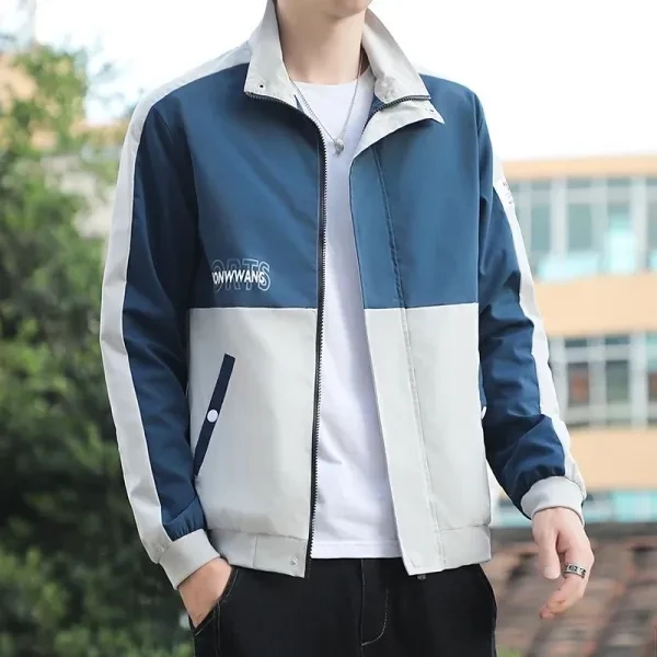 Blue Zipper Closure Men's Jacket with Letter Print Stand Collar - Fashionable an