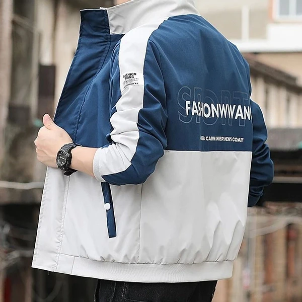 Blue Zipper Closure Men's Jacket with Letter Print Stand Collar - Fashionable an