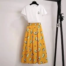 Yellow Avocado Print Long Skirt with Elastic Waist (Terylene)