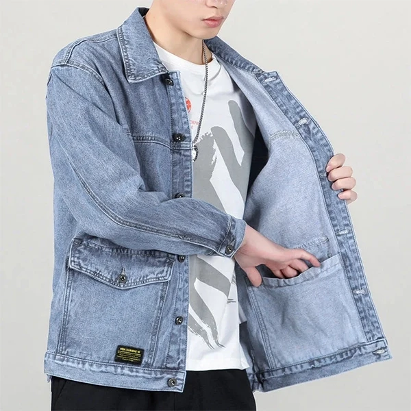 Men's Trendy Blue Denim Jacket Full Sleeve Fashionable Outerwear