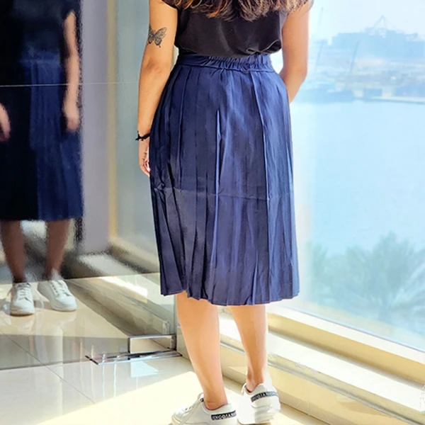 Blue High Waist Elastic Pleated Mini Skirt