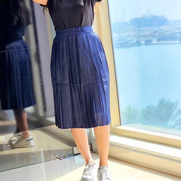 Blue High Waist Elastic Pleated Mini Skirt