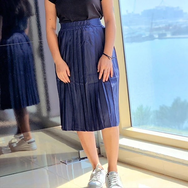 Blue High Waist Elastic Pleated Mini Skirt