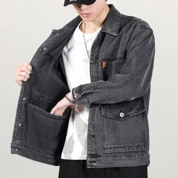 Men's Black Denim Jacket - Multi Pocket Collar Neck Full Sleeves Button-Up Closu
