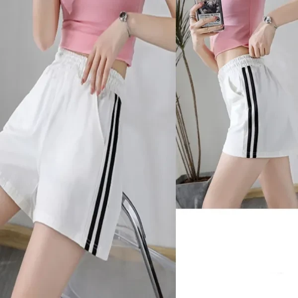 Women's Elastic Waist Striped Sports Shorts - Double Pocket
