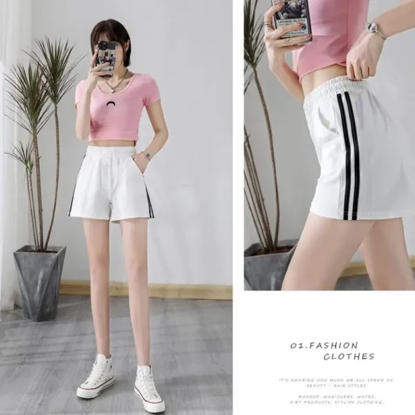 Women's Elastic Waist Striped Sports Shorts - Double Pocket