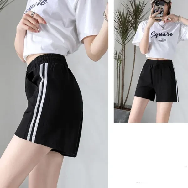 Women's Striped Sports Shorts with Elastic Waist & Pockets