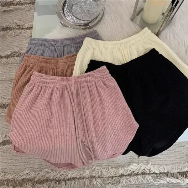 Brown Ribbed Elastic Waist Casual Women's Shorts with Drawstring