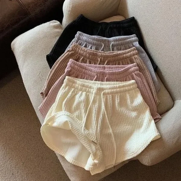 Ribbed Casual Shorts Pink Elastic Waist Drawstring High Waist Women's Shorts