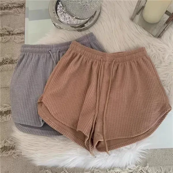 Ribbed Casual Shorts Pink Elastic Waist Drawstring High Waist Women's Shorts