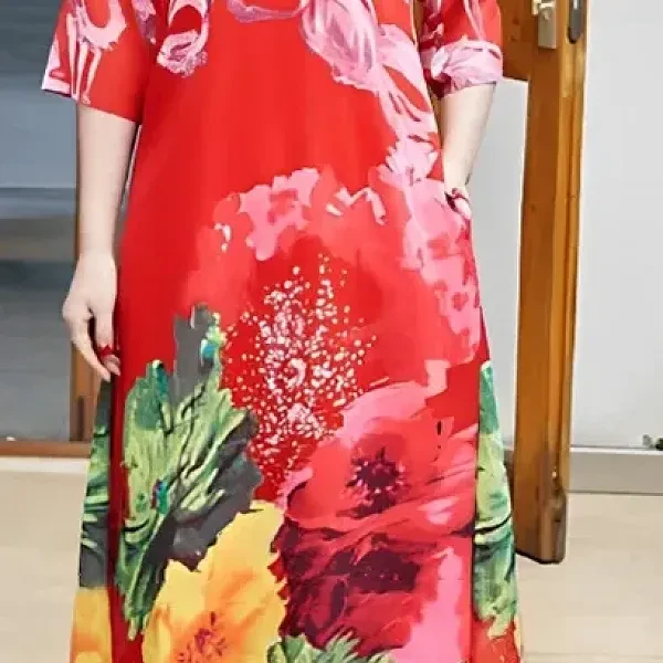 Multi Design Print Round Neck Half Sleeves Casual Wear Red Dress For Women