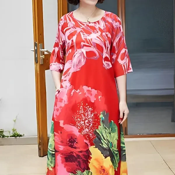 Multi Design Print Round Neck Half Sleeves Casual Wear Red Dress For Women