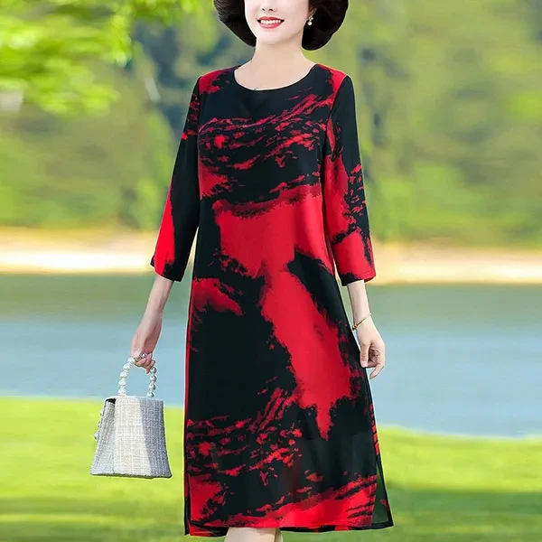 Ink Splash Print Long Sleeves Women Casual Dresses Round Neck Side Split Hem Loo