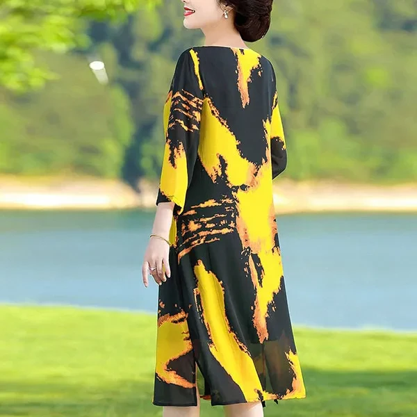 Ink Splash Print Long Sleeves Women Casual Dresses Round Neck Side Split Hem Loo