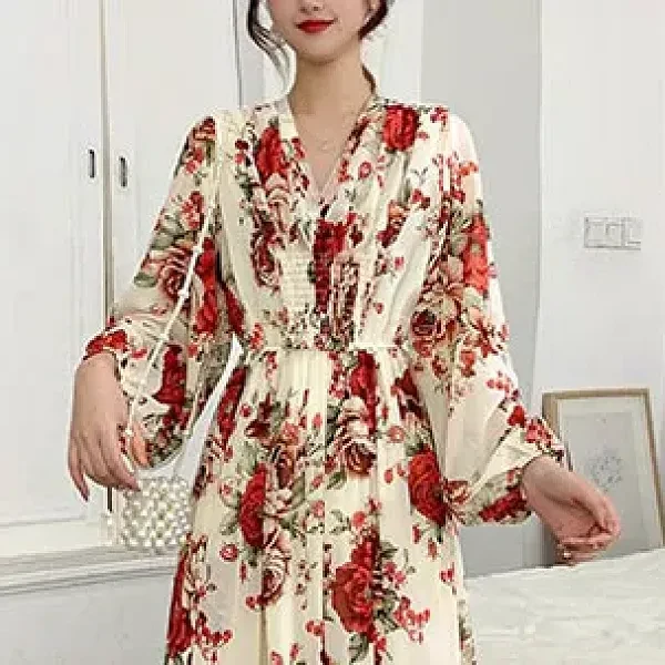 Rose Pattern V Neck Long Puff Sleeves Waist String Closure Casual Wear Midi Dres