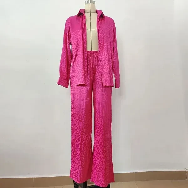 Luxury Design Turn Down Collar Shirt High Waist Wide Leg Casual Two Piece Summer