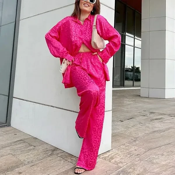 Luxury Design Turn Down Collar Shirt High Waist Wide Leg Casual Two Piece Summer