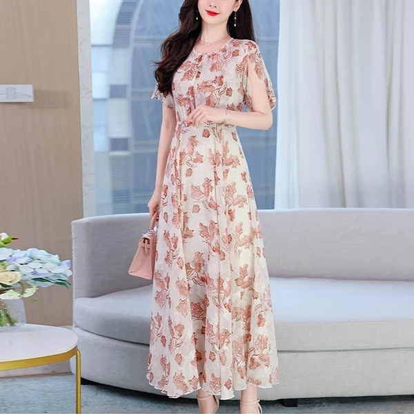 Summer Floral Print Pleated Waist Prom Dress Casual Party Beach Wear Long Midi D