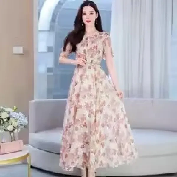 Summer Floral Print Pleated Waist Prom Dress Casual Party Beach Wear Long Midi D