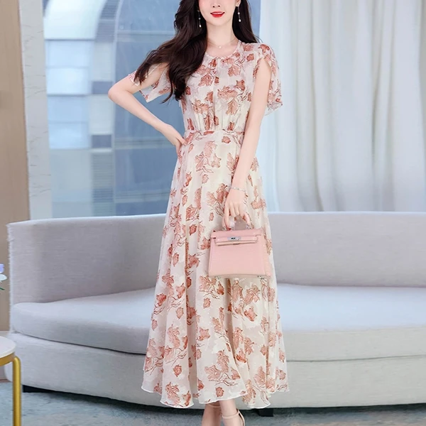 Summer Floral Print Pleated Waist Prom Dress Casual Party Beach Wear Long Midi D