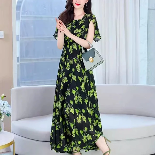 Summer Floral Print Pleated Waist Prom Dress Casual Party Beach Wear Long Midi D