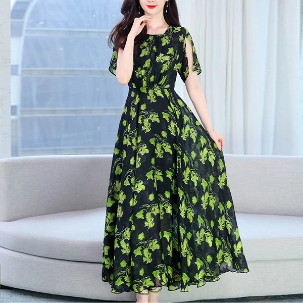 Summer Floral Print Pleated Waist Prom Dress Casual Party Beach Wear Long Midi D