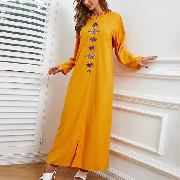 Embroidery Pattern Full Sleeves Yellow Color Women Casual Wear Hoodie Neck Dress