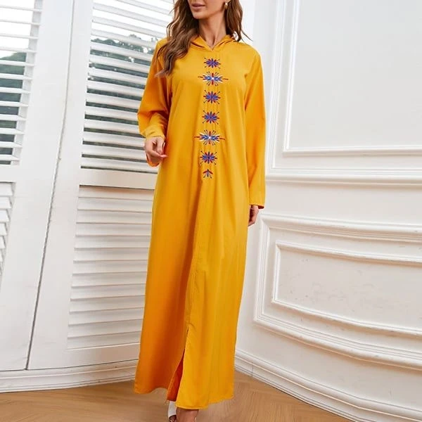 Embroidery Pattern Full Sleeves Yellow Color Women Casual Wear Hoodie Neck Dress