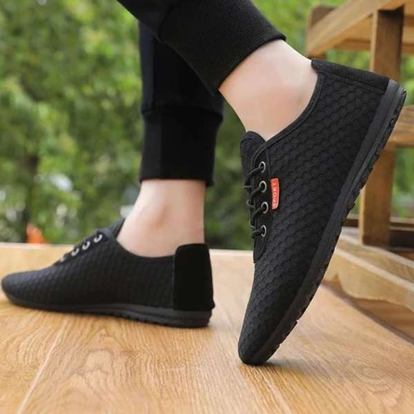 Hollow Breathable Mesh Design Men Casual Flat Shoes Lace Closure Almond Toe Walk