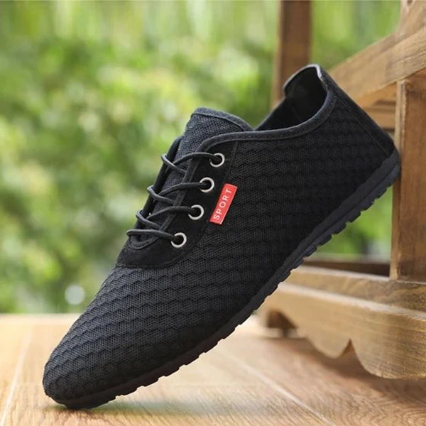 Hollow Breathable Mesh Design Men Casual Flat Shoes Lace Closure Almond Toe Walk